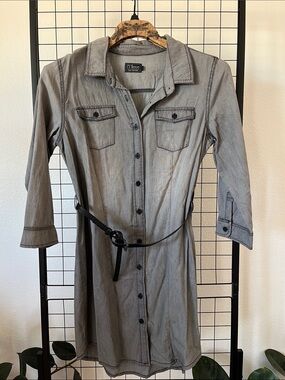 Ci Sono Gray Button-Down Shirt Dress with Black Belt